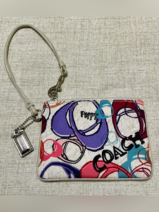 Coach Handbags - Coach Poppy Graffiti Logo Print Canvas Wristlet Zip Pouch White Multi Excellent
